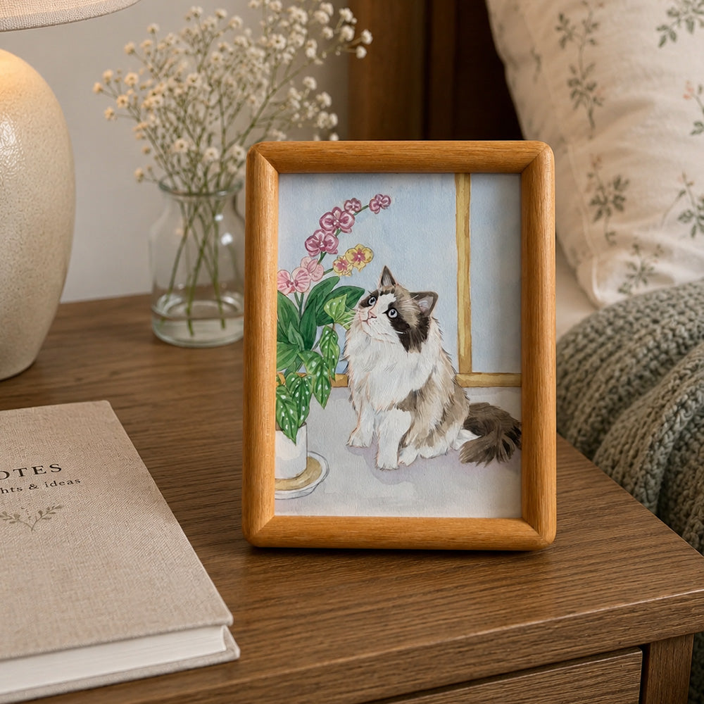 Custom hand-painted watercolor Ragdoll cat portrait, standing light wood frame 